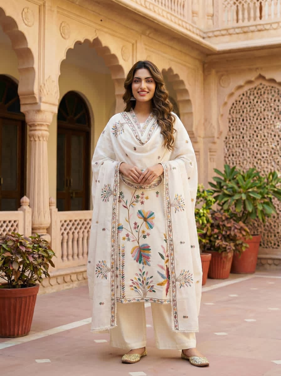 Ruaati Women Pastel Ivory Mul Cotton Kurta Set with Handcrafted Floral Design