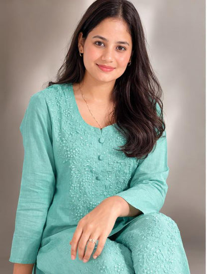 Ruaati Women Mul Cotton Blue Chikankari Straight Kurta with Pant Set