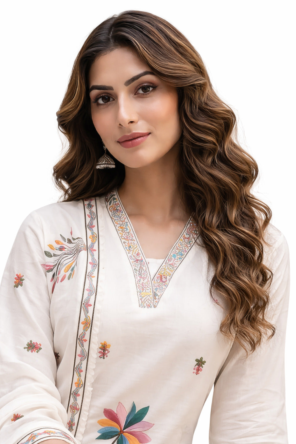 Ruaati Women Pastel Ivory Mul Cotton Kurta Set with Handcrafted Floral Design