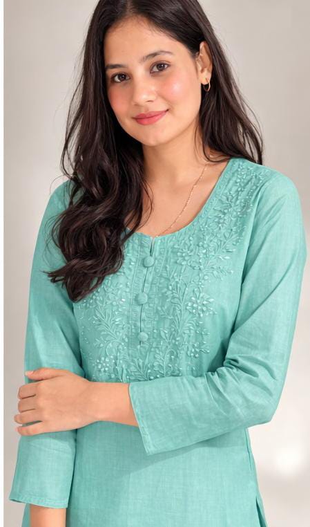 Ruaati Women Mul Cotton Blue Chikankari Straight Kurta with Pant Set