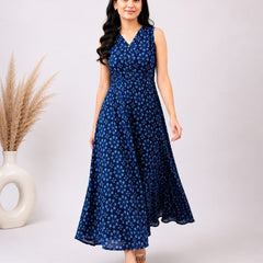 Navy Blue Floral Cotton Maxi Dress for Women