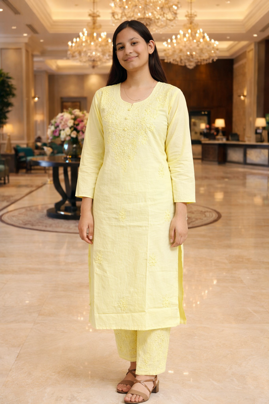 Ruaati Women Mul Cotton Light Yellow Chikankari Straight Kurta with Pant Set