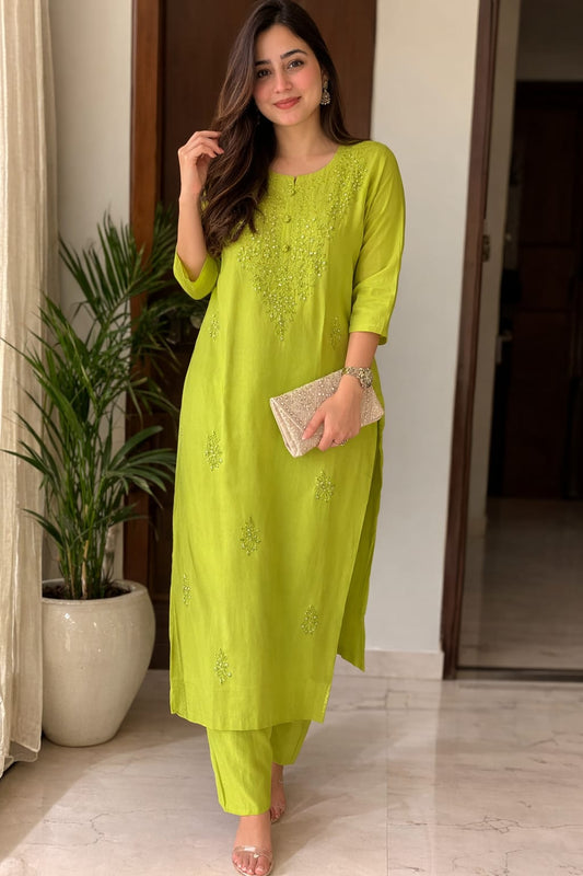 Ruaati Women Mul Cotton Parrot Yellow Chikankari Straight Kurta with Pant Set