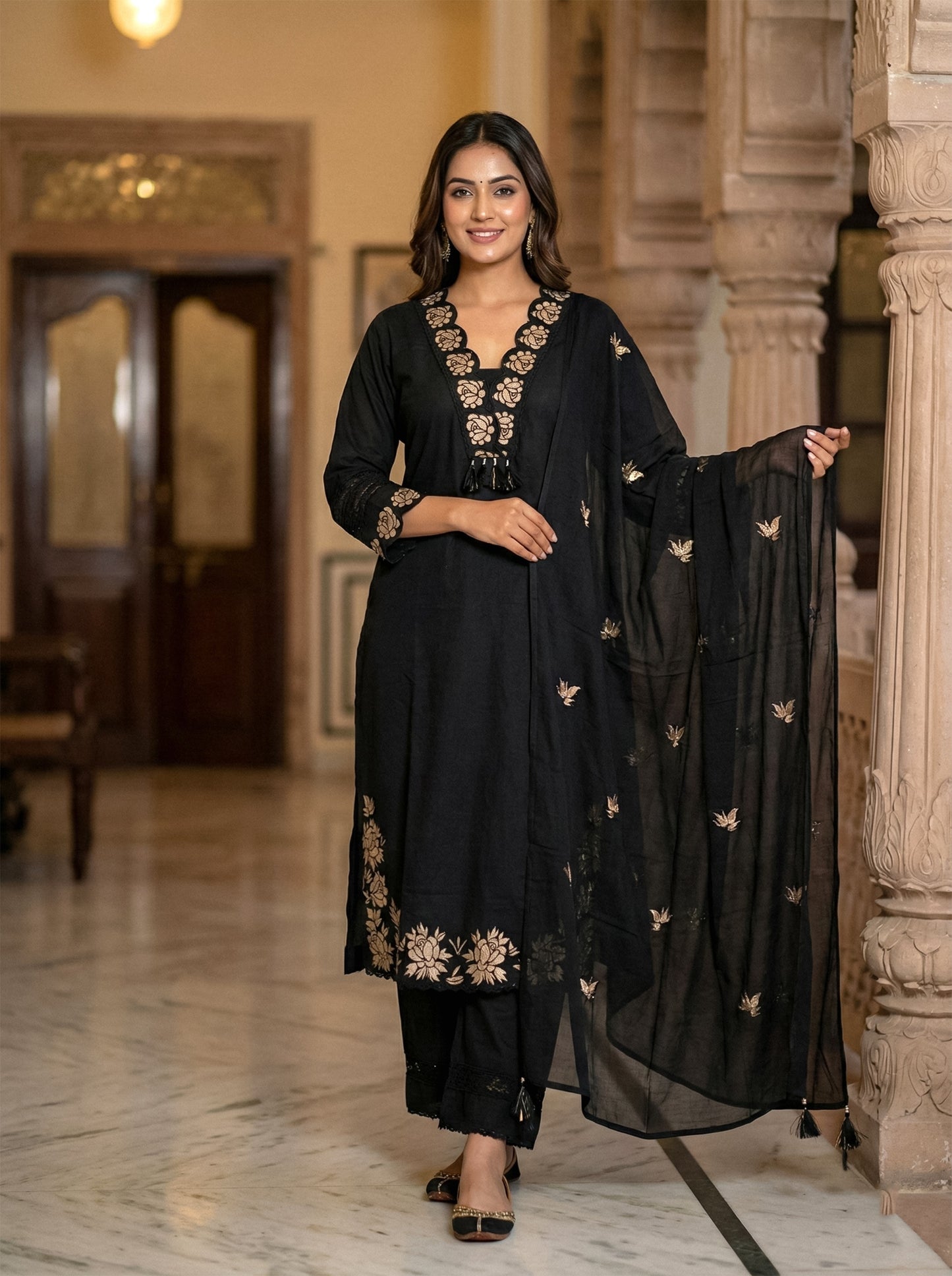 Ruaati Women Cotton Embroidered Kurta Set with Dupatta – Elegant Ethnic Office Wear