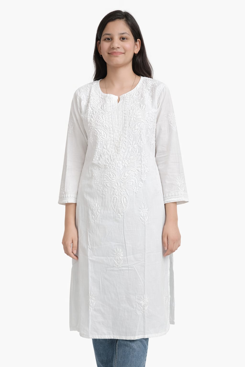 Ruaati Women White Mul Cotton Chikankari Straight Kurta