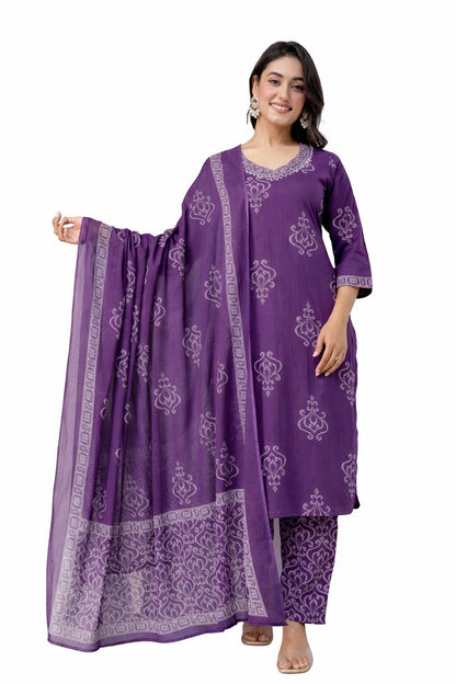 Ruaati Women Purple Embroidered Kurta Pant Set with Dupatta
