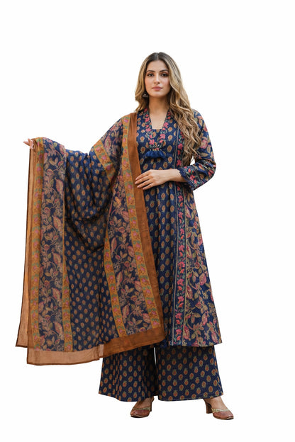 Ruaati Women Royal Indigo Floral Mul Cotton Kurta Set with Dupatta