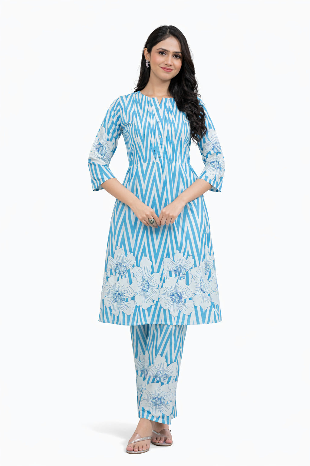 Ruaati Women Sky Blue Printed A-Line Kurta Set with Floral Design
