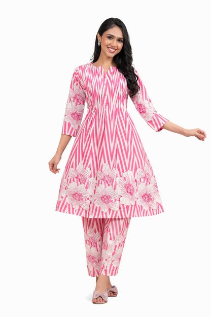 Ruaati Women Pink Printed A-Line Kurta Set with Floral Design