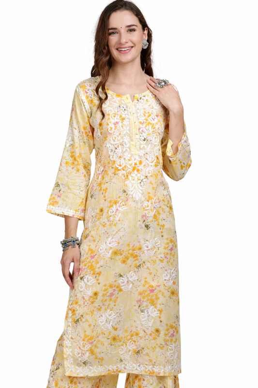 Ruaati Women Chikankari Straight Yellow Mul Cotton Kurta with Palazzo