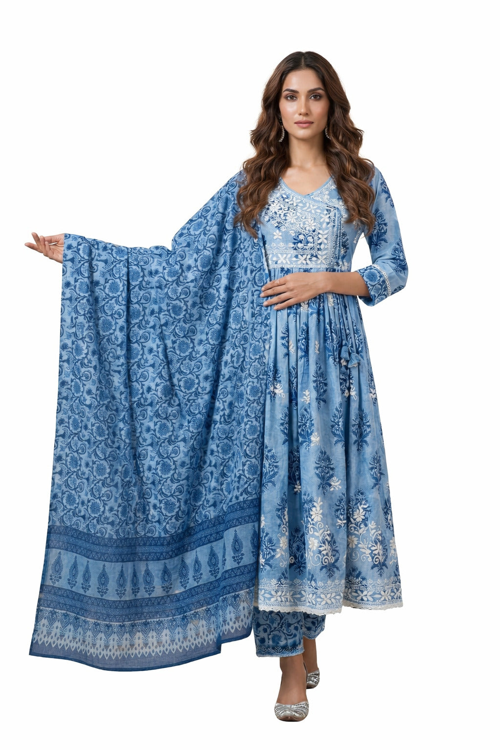 Ruaati Women Elegant Blue Mul Cotton Anarkali Kurta Set with Dupatta