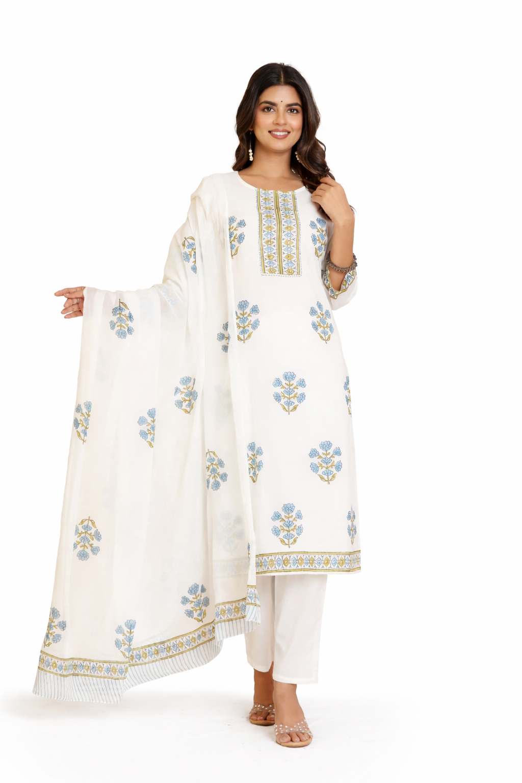 Ruaati Women Pure Mul Cotton Kurta Set with Elegant Block Print & Printed Dupatta