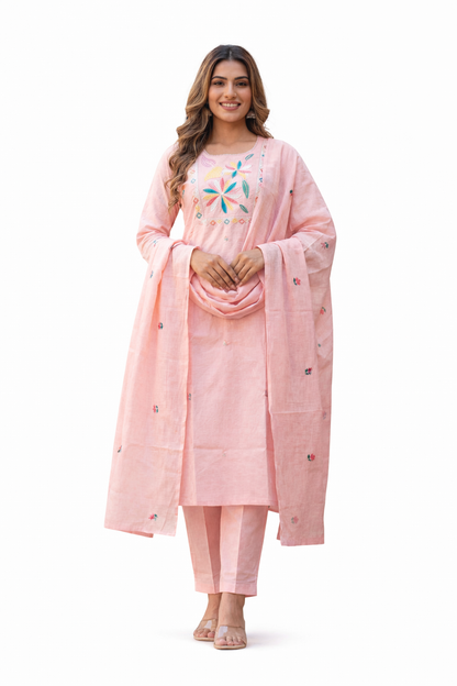 Ruaati Women Light Pink Mul Cotton Kurta Set with Floral Embroidery Work