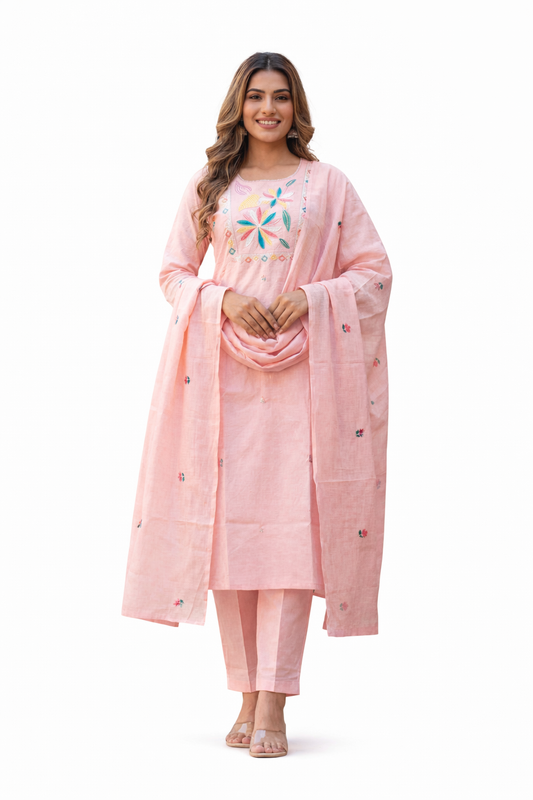 Ruaati Women Light Pink Mul Cotton Kurta Set with Floral Embroidery Work