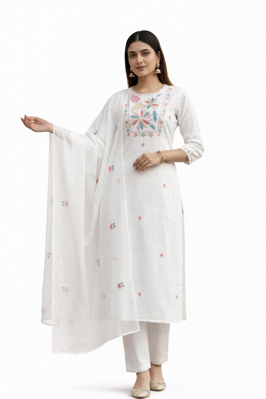 Ruaati Women Mul Cotton Embroidered White Kurta Set with Dupatta for Festive Wear