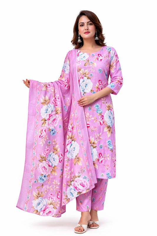 Ruaati Women Pink Floral Printed Kurta Pant Set with Dupatta