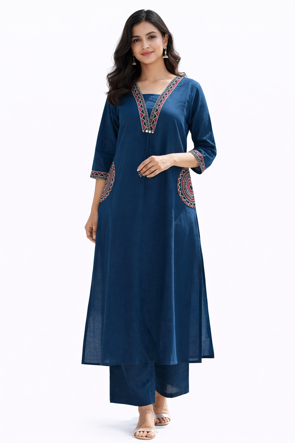 Ruaati Women Mustard Blue Embroidered A-Line Kurta Set