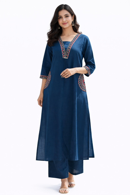 Ruaati Women Mustard Blue Embroidered A-Line Kurta Set