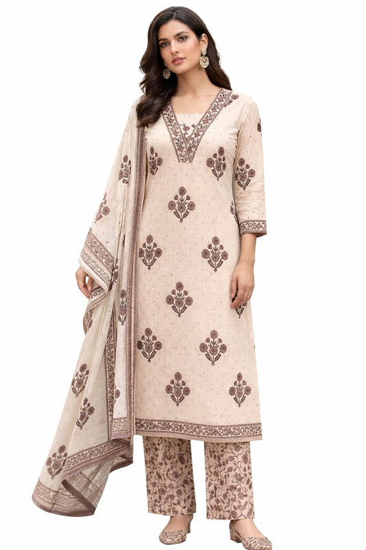 Ruaati Women Elegant Beige Floral Printed Cotton Kurta Pant Dupatta Set for Daily & Office Wear