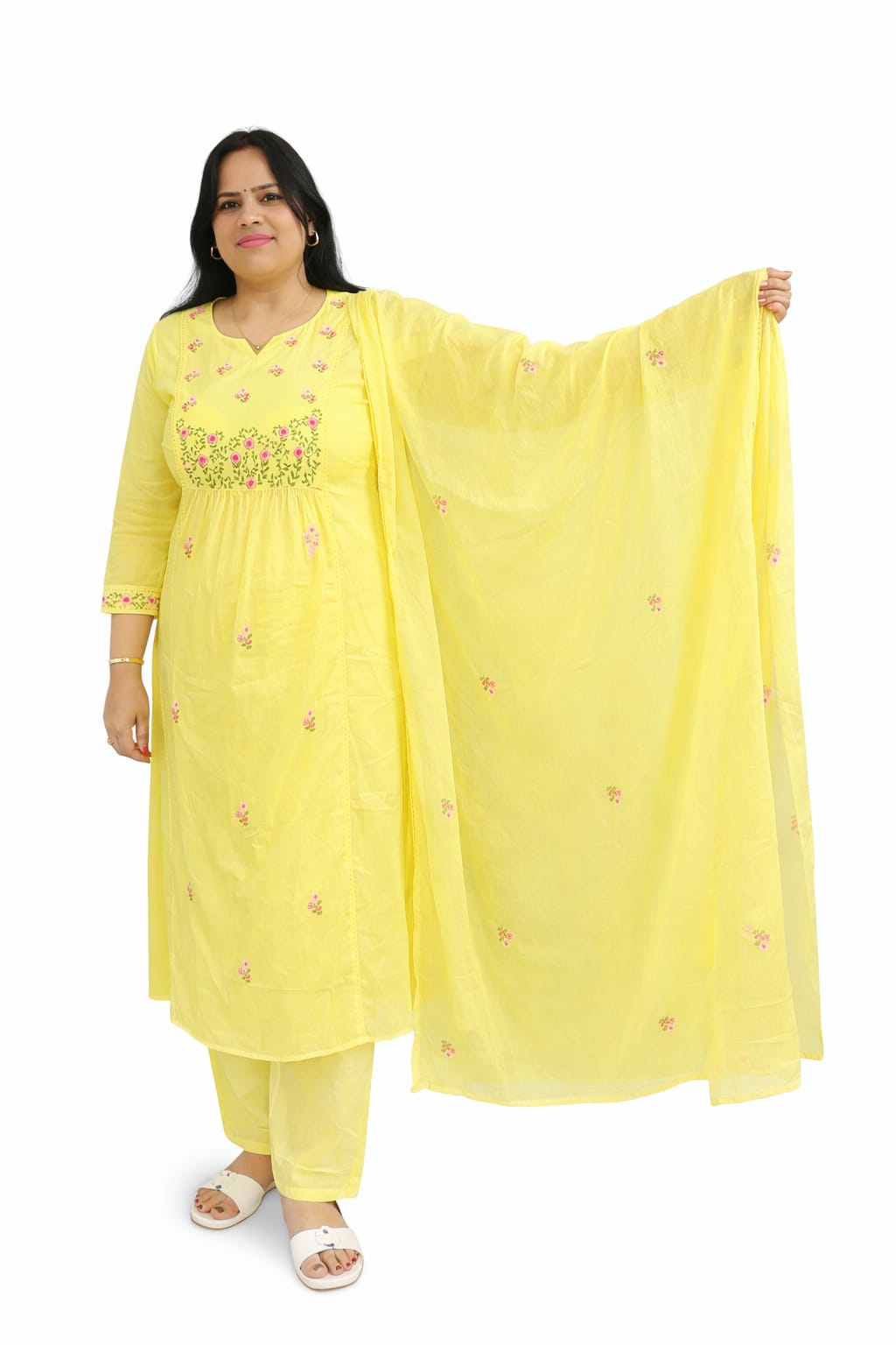 Ruaati Women Pure Mul Cotton Yellow Embroidery Kurta Pant Dupatta Set