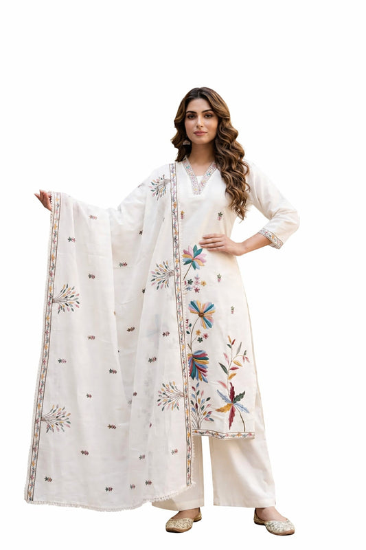 Ruaati Women Pastel Ivory Mul Cotton Kurta Set with Handcrafted Floral Design