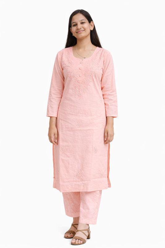 Ruaati Women Mul Cotton Light Bright Pink Chikankari Straight Kurta with Pant Set