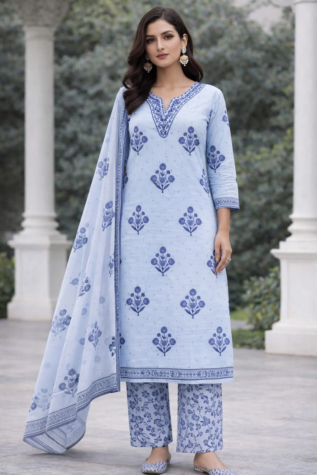 Ruaati Women Elegant Blue Floral Printed Cotton Kurta Pant Dupatta Set for Daily & Office Wear