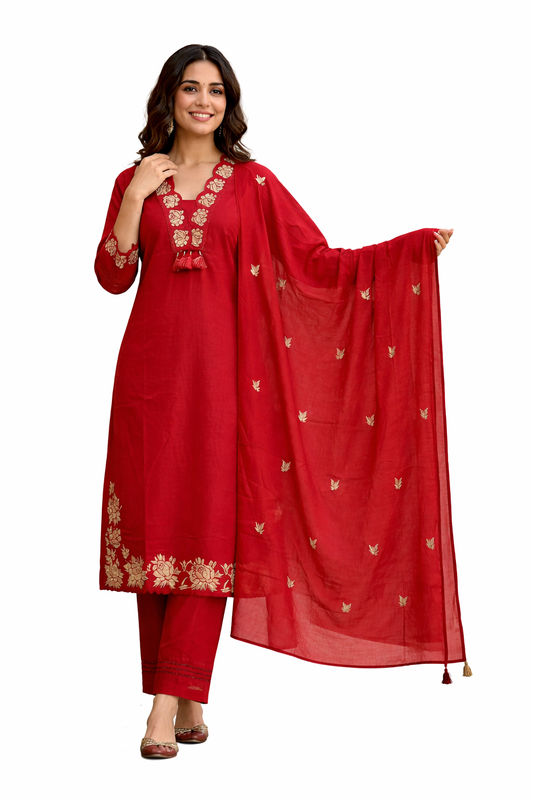Ruaati Women Cotton Embroidered Kurta Sets with Dupatta – Elegant Ethnic Office Wear