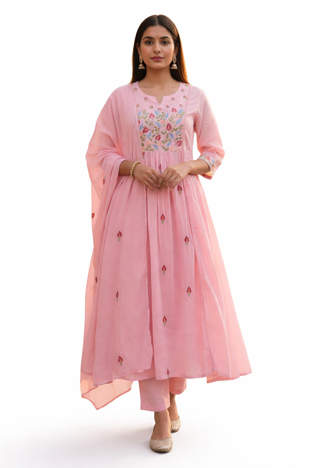 Ruaati Women Cotton Embroidered Pink Kurta Sets with Dupatta Ethnic Wear