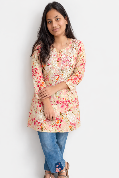 Ruaati Women Floral Mul Cotton Chikankari Kurti – Straight Fit Kurta