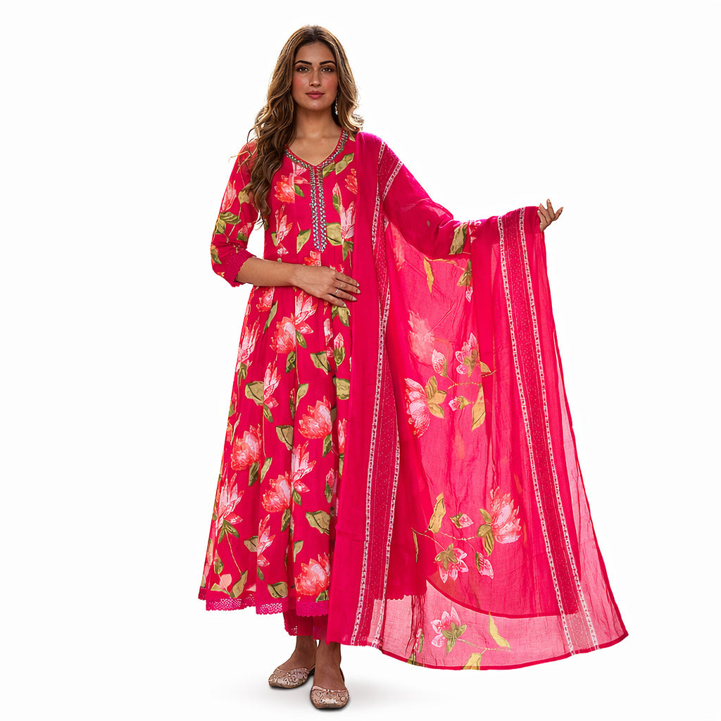 Ruaati Women Women’s Bright Pink Floral Mul Cotton Kurta Set with Dupatta