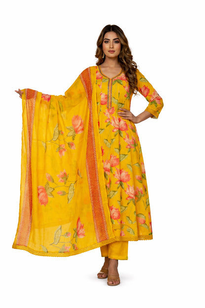 Ruaati Women Yellow Floral Kurta Set with Elegant Dupatta