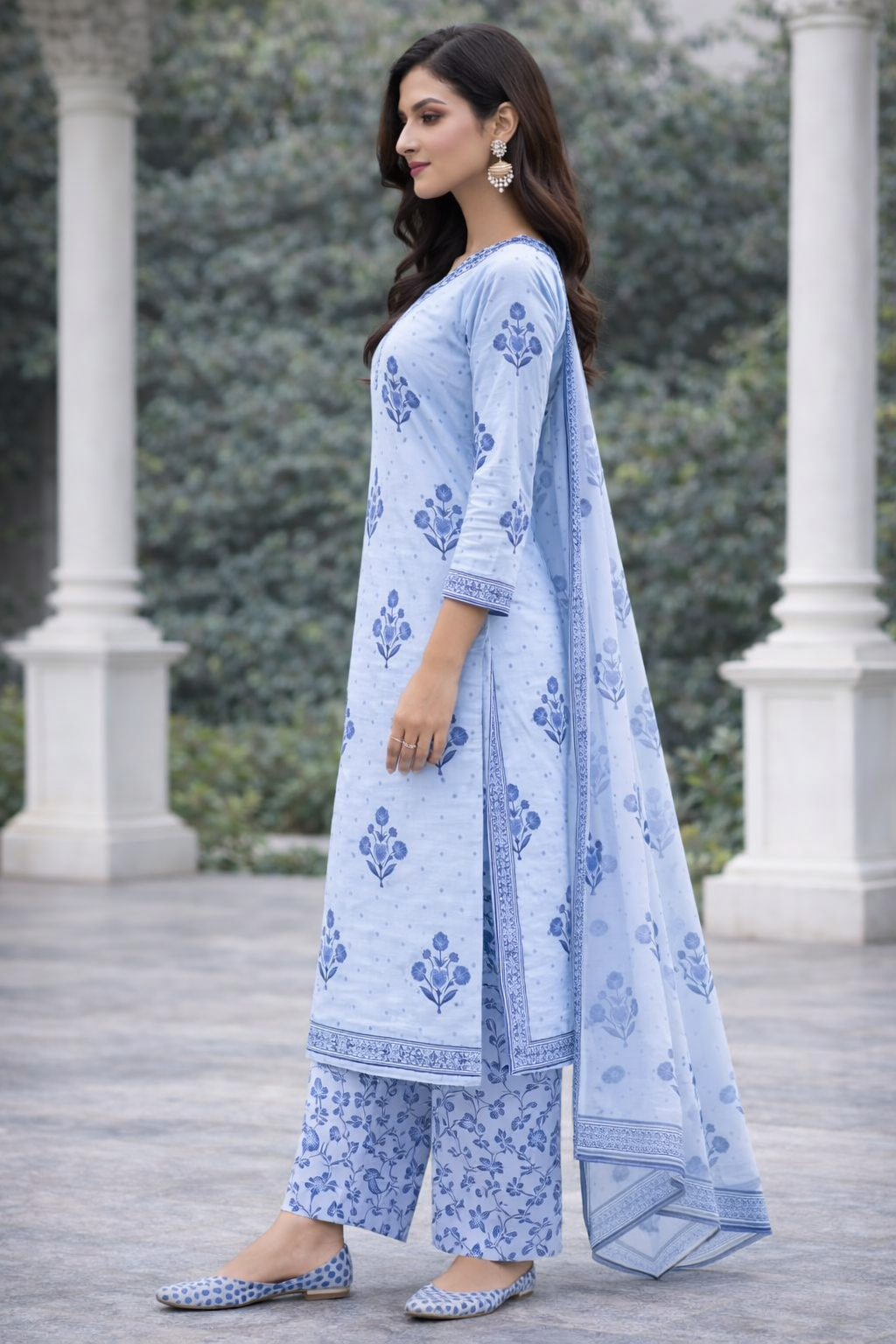 Ruaati Women Elegant Blue Floral Printed Cotton Kurta Pant Dupatta Set for Daily & Office Wear