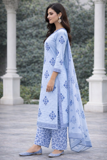 Ruaati Women Elegant Blue Floral Printed Cotton Kurta Pant Dupatta Set for Daily & Office Wear