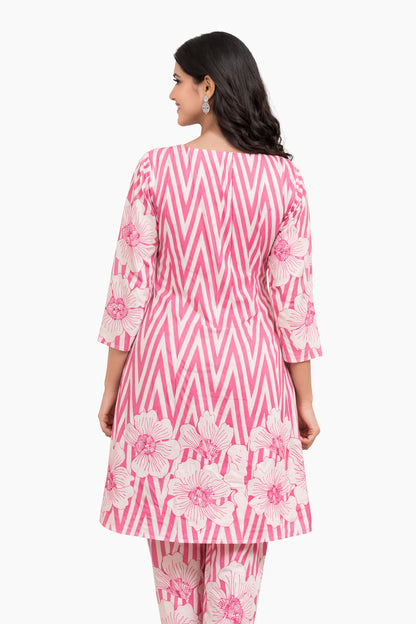 Ruaati Women Pink Printed A-Line Kurta Set with Floral Design