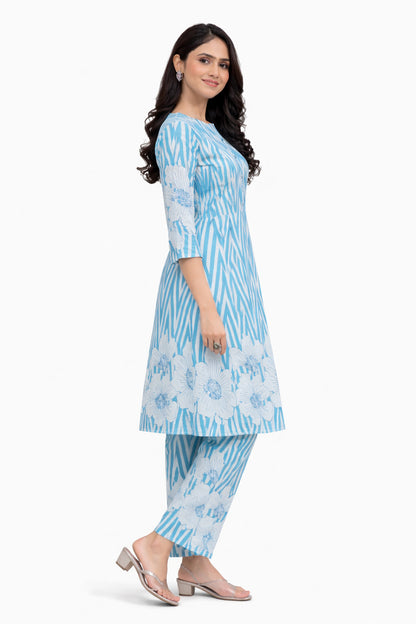 Ruaati Women Sky Blue Printed A-Line Kurta Set with Floral Design