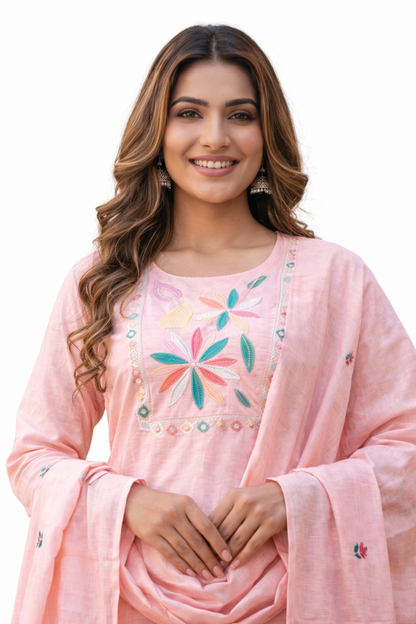 Ruaati Women Light Pink Mul Cotton Kurta Set with Floral Embroidery Work