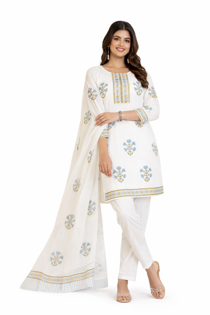 Ruaati Women Pure Mul Cotton Kurta Set with Elegant Block Print & Printed Dupatta