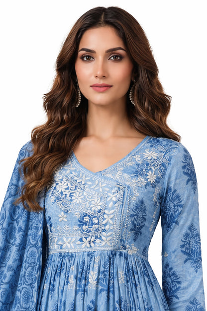 Ruaati Women Elegant Blue Mul Cotton Anarkali Kurta Set with Dupatta