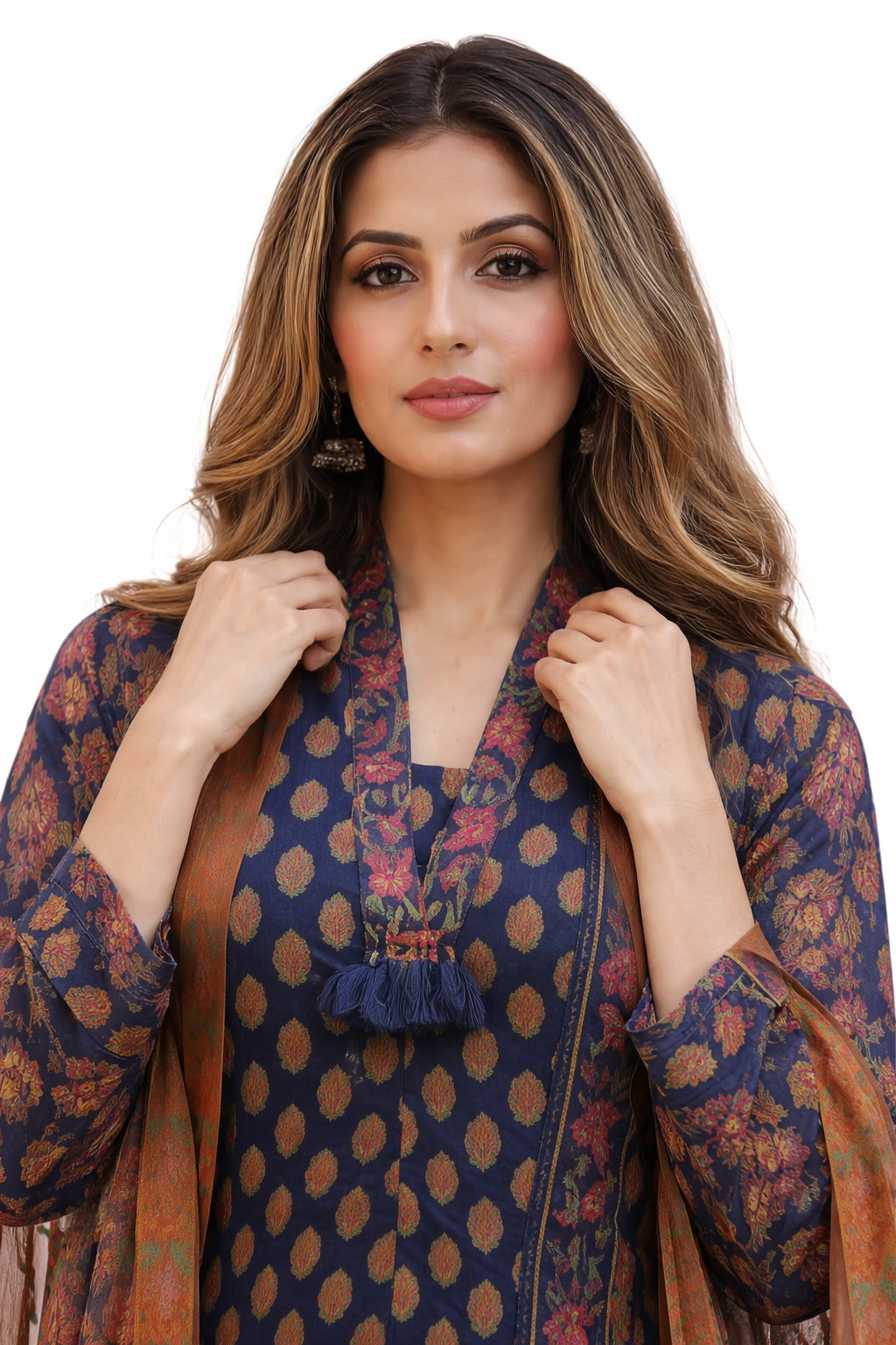 Ruaati Women Royal Indigo Floral Mul Cotton Kurta Set with Dupatta