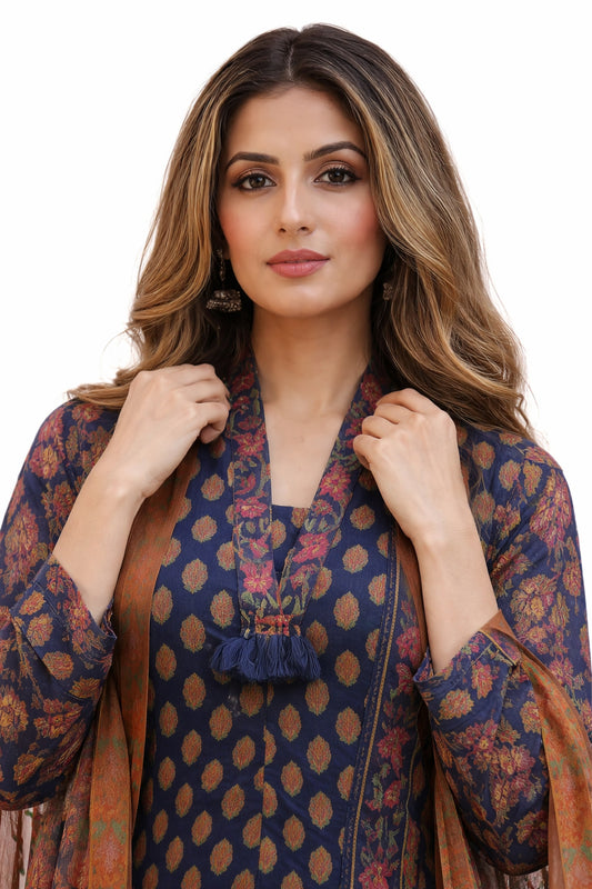 Ruaati Women Royal Indigo Floral Mul Cotton Kurta Set with Dupatta