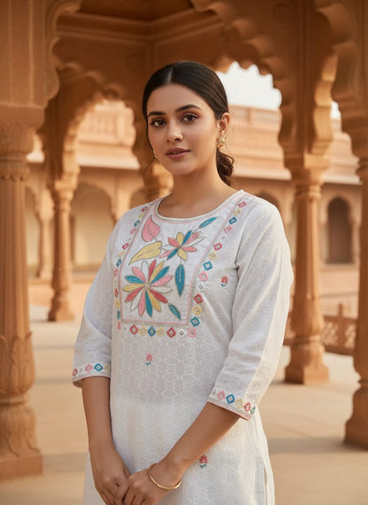 Ruaati Women Mul Cotton Embroidered White Kurta Set with Dupatta for Festive Wear