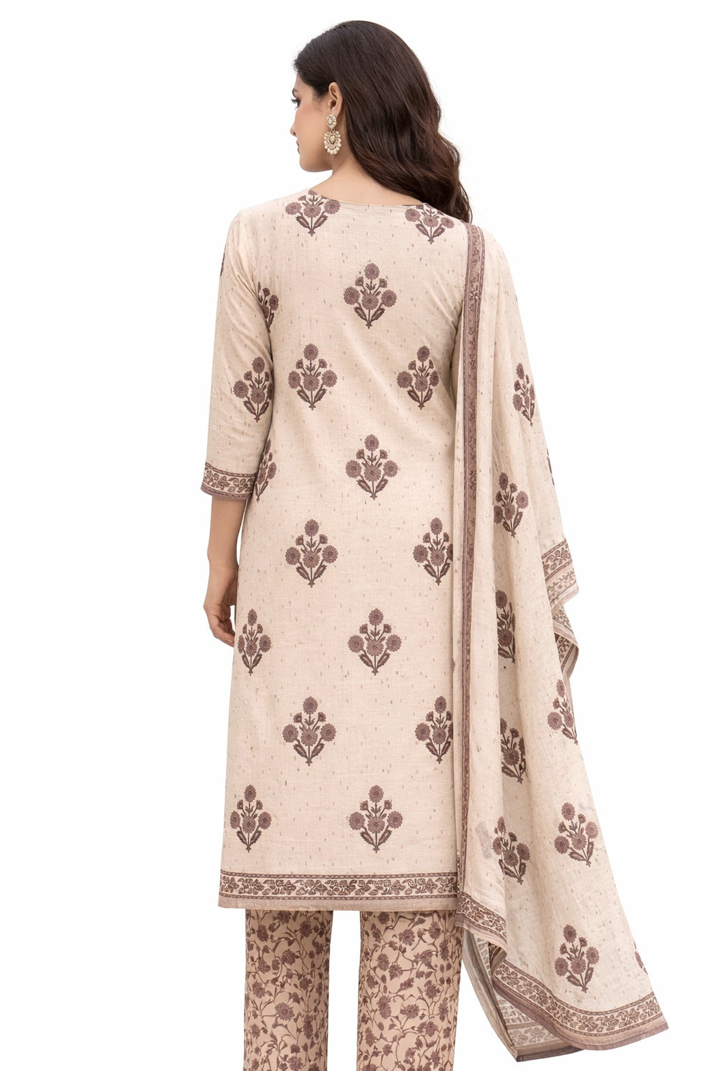 Ruaati Women Elegant Beige Floral Printed Cotton Kurta Pant Dupatta Set for Daily & Office Wear
