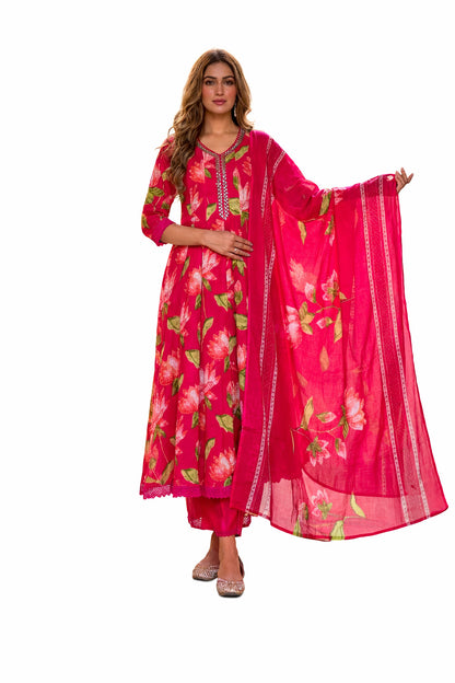Ruaati Women Women’s Bright Pink Floral Mul Cotton Kurta Set with Dupatta