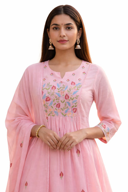 Ruaati Women Cotton Embroidered Pink Kurta Sets with Dupatta Ethnic Wear