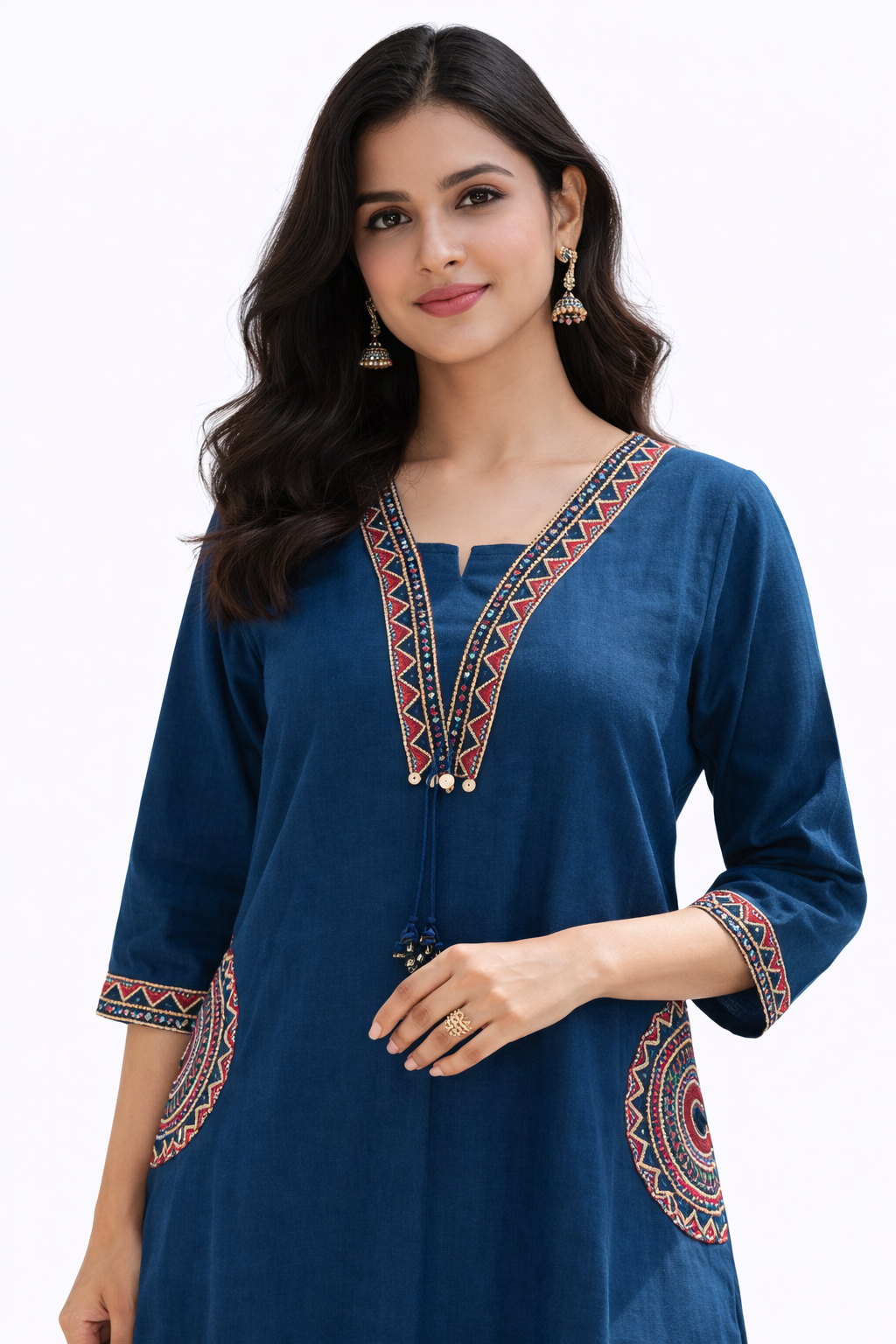 Ruaati Women Mustard Blue Embroidered A-Line Kurta Set