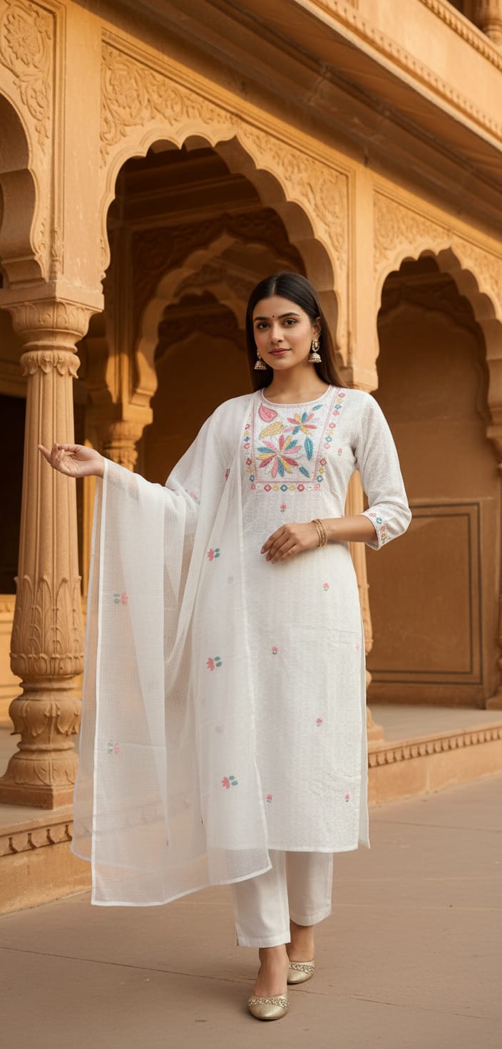 Ruaati Women Mul Cotton Embroidered White Kurta Set with Dupatta for Festive Wear