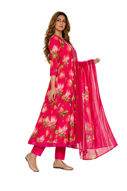 Ruaati Women Women’s Bright Pink Floral Mul Cotton Kurta Set with Dupatta