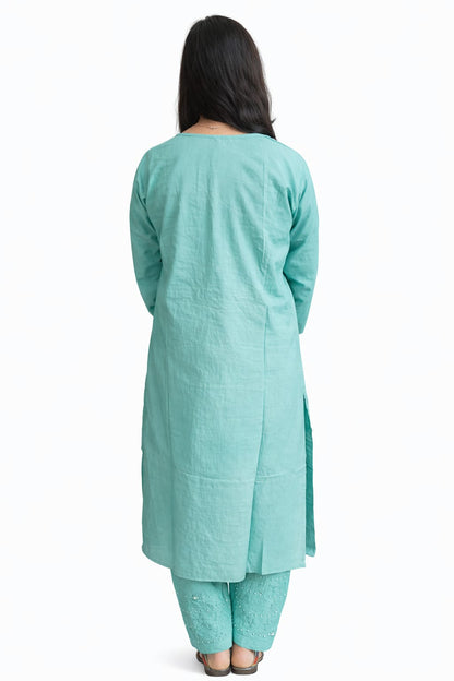 Ruaati Women Mul Cotton Blue Chikankari Straight Kurta with Pant Set