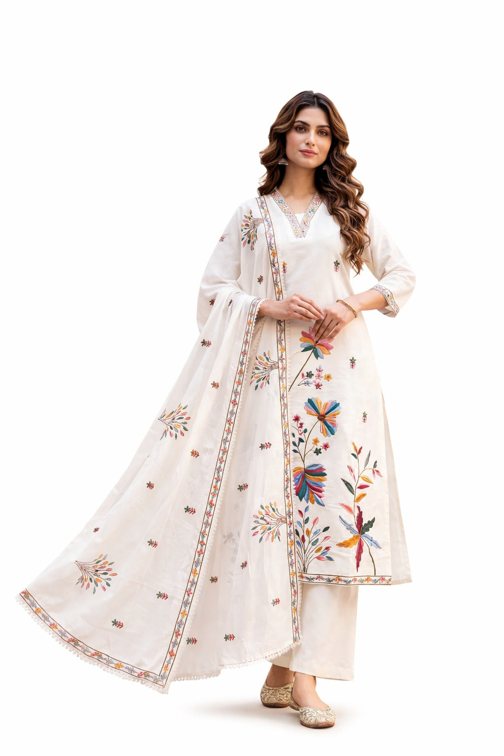 Ruaati Women Pastel Ivory Mul Cotton Kurta Set with Handcrafted Floral Design